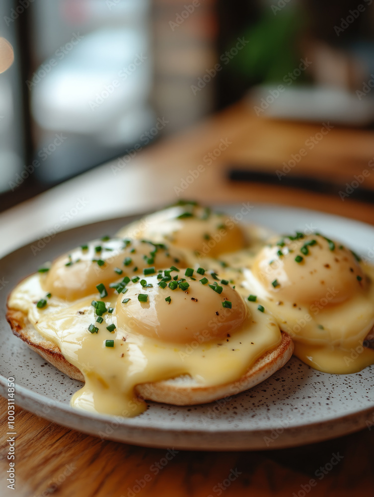 Plate of eggs benedict with chives on a wooden table. Plate of eggs benedict with chives on a wooden table.