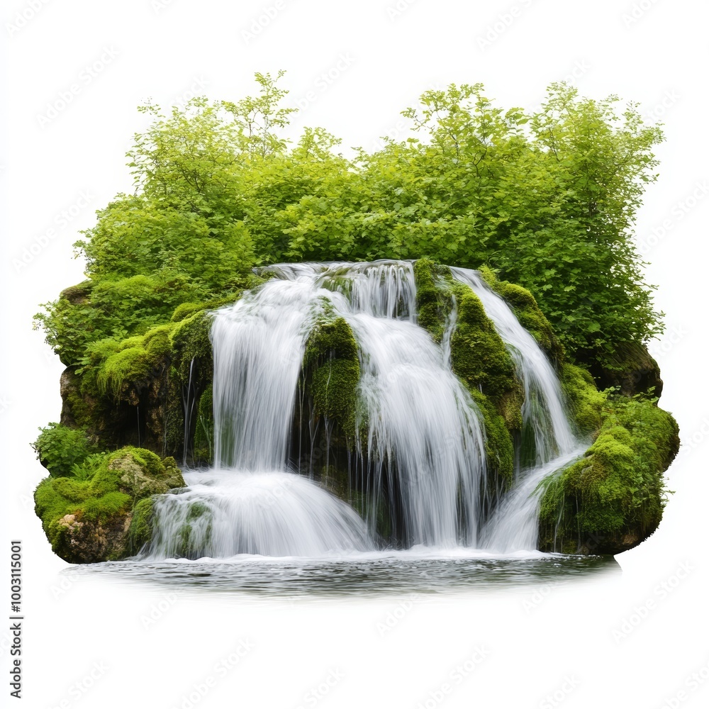 Fototapeta premium Waterfall with lush green foliage, white isolate background