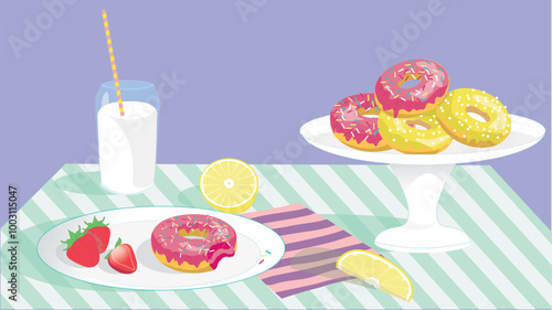 Donuts fraise citron vecteur plateau nappe rayures verre de lait rose jaune vert bleu vecteur