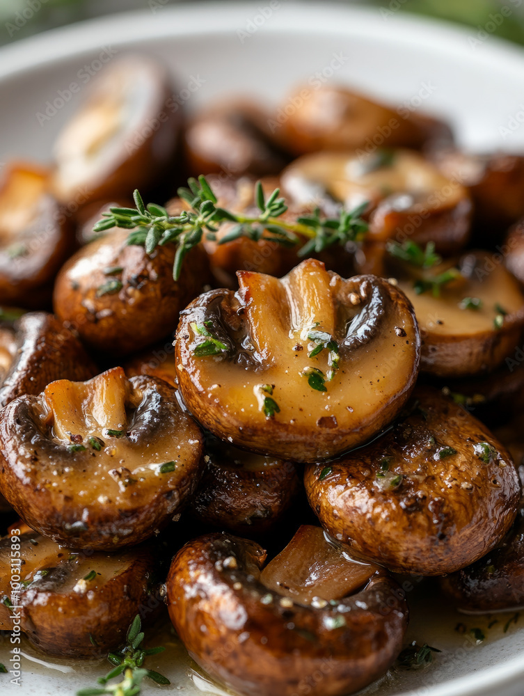 Close-up of cooked mushrooms seasoned with herbs on a plate. Close-up of cooked mushrooms seasoned with herbs on a plate.