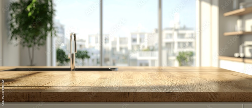 Wooden kitchen countertop with a blurry city view in the background. Wooden kitchen countertop with a blurry city view in the background.