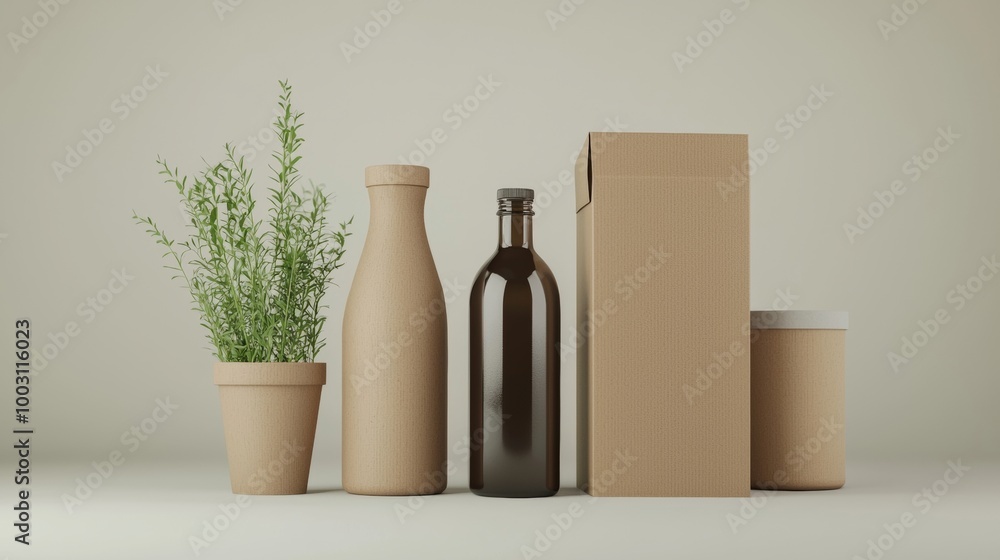Eco-friendly packaging for beverages with plant, white isolate background Eco-friendly packaging for beverages with plant, white isolate background