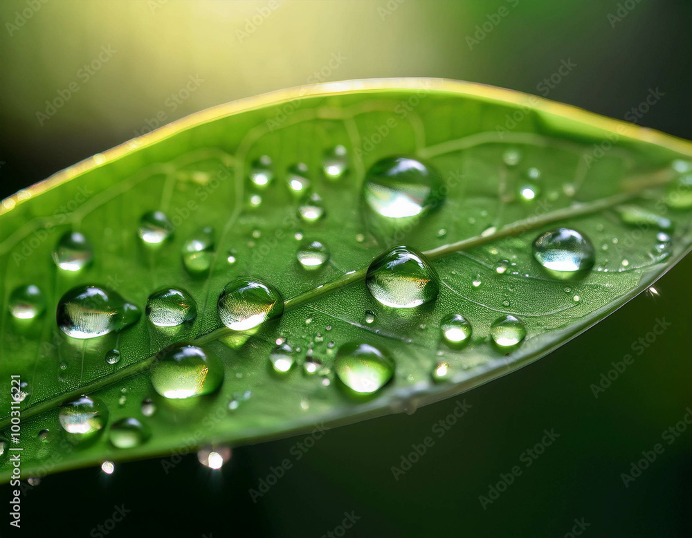 A macro shot of water droplets on a green leaf, with the surface reflecting light. A macro shot of water droplets on a green leaf, with the surface reflecting light.