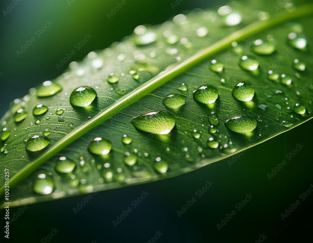 A macro shot of water droplets on a green leaf, with the surface reflecting light. A macro shot of water droplets on a green leaf, with the surface reflecting light.