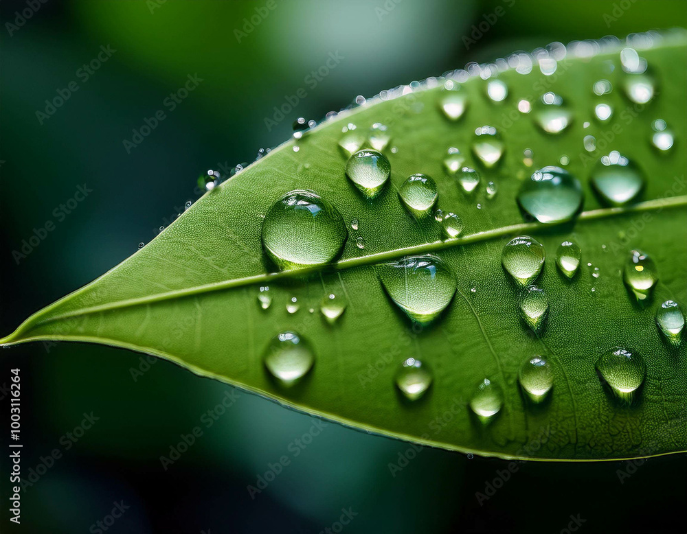 A macro shot of water droplets on a green leaf, with the surface reflecting light. A macro shot of water droplets on a green leaf, with the surface reflecting light.