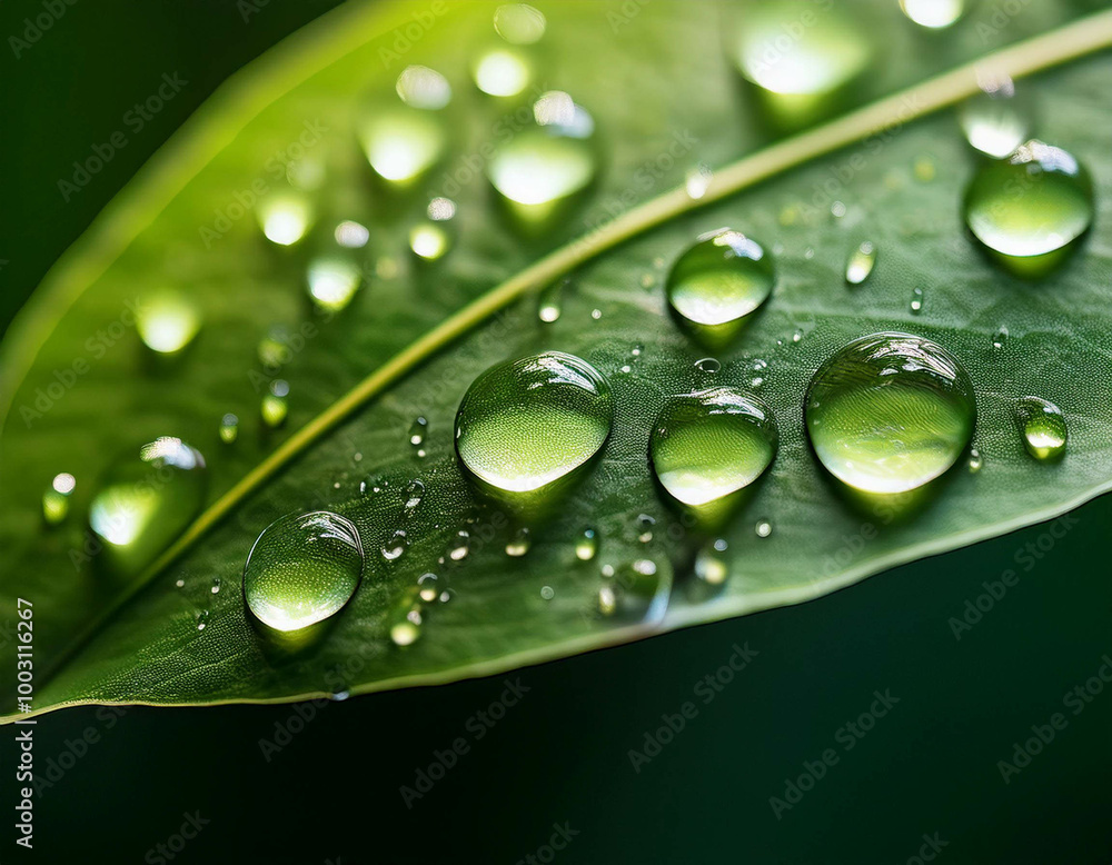 A macro shot of water droplets on a green leaf, with the surface reflecting light. A macro shot of water droplets on a green leaf, with the surface reflecting light.