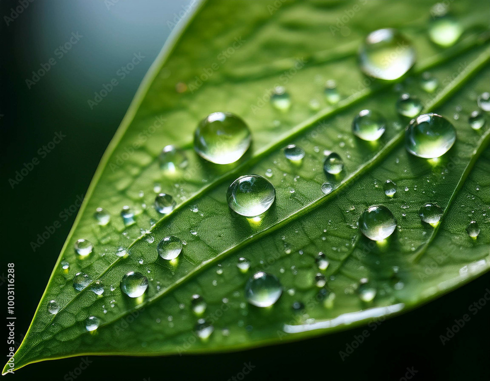 A macro shot of water droplets on a green leaf, with the surface reflecting light. A macro shot of water droplets on a green leaf, with the surface reflecting light.