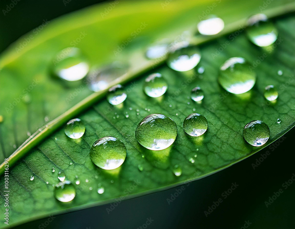 A macro shot of water droplets on a green leaf, with the surface reflecting light.