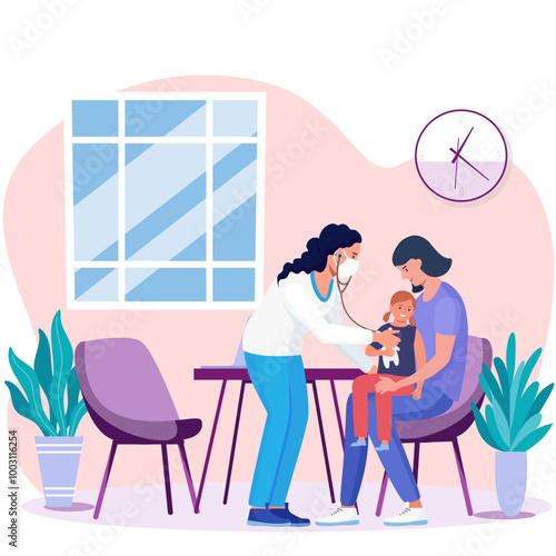 female general practitioner conducts consultation in her office for mother and her child