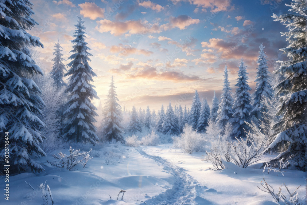 Obraz premium A magical winter wonderland scene with snow-covered pine trees, soft light filtering through, creating a tranquil and serene atmosphere in the forest. Generative AI