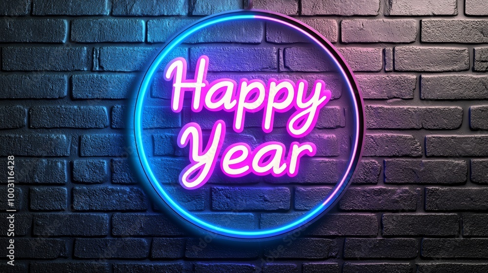 Fototapeta premium Neon 'Happy Year' sign on black brick wall background