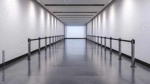 Modern empty corridor with handrails, bright lights and clean surfaces. photo