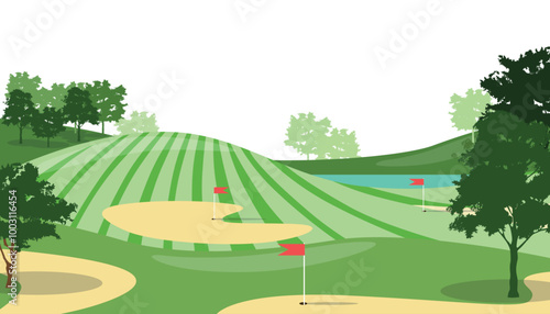 Vector illustration of a beautiful landscape of a golf course. Cartoon scene of wonderful landscape with hilly plains, green trees with lush crowns, trunks, sports field golf, red flags, river.