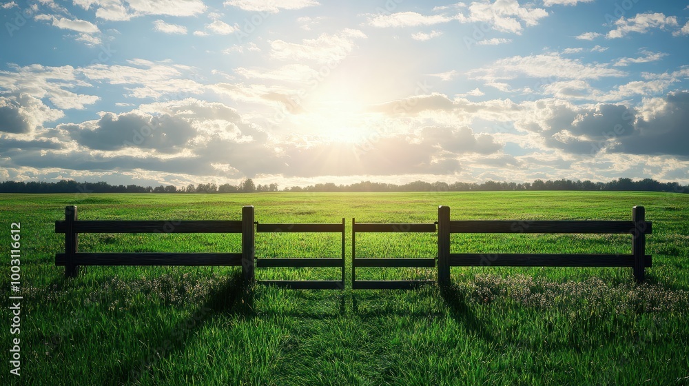 Concept of putting gates to the field, bright sky with sunshine and green meadow Concept of putting gates to the field, bright sky with sunshine and green meadow