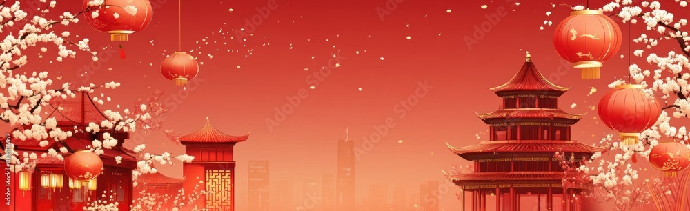 Chinese New Year background with lanterns, flowers and temple Chinese New Year background with lanterns, flowers and temple