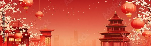 Chinese New Year background with lanterns, flowers and temple