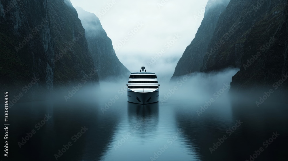 Fototapeta premium A lone cruise ship navigating a misty fjord, dramatic cliffs rising on either side, solo passenger watching from the bow 