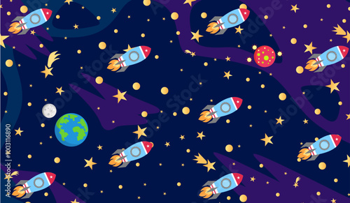 background pattern with planets, earth, moon and stars Milky Way rocket, comets