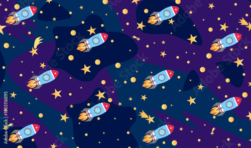 background pattern with moon and stars Milky Way rocket, comets