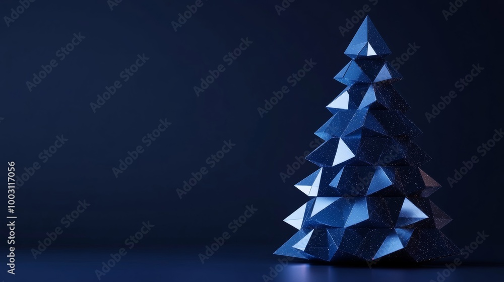 Abstract digital Christmas tree made of glowing holographic triangles on a dark blue background Abstract digital Christmas tree made of glowing holographic triangles on a dark blue background