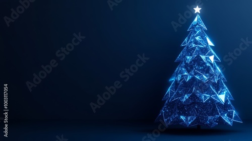 Abstract digital Christmas tree made of glowing holographic triangles on a dark blue background 