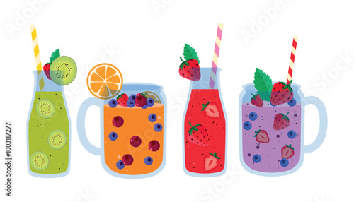 Set of summer drinks in cartoon style.Vector illustration of cocktails in glass jars, straws, fruits and berries: kiwi,strawberry,blueberry, cranberry,orange,mint leaves isolated on white background.