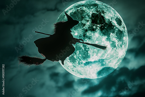 Silhouette of a flying witch on a broomstick against the full moon and dark cloudy sky, capturing the spooky and magical atmosphere of Halloween night photo