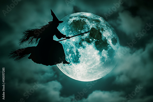 Silhouette of a flying witch on a broomstick against the full moon and dark cloudy sky, capturing the spooky and magical atmosphere of Halloween night photo