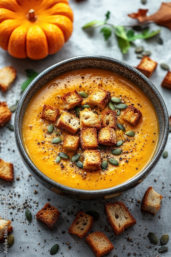 Pumpkin soup with cream, seeds, crackers and cinnamon. Autumn decor on table, orange squash in background. Healthy Halloween food Pumpkin soup with cream, seeds, crackers and cinnamon. Autumn decor on table, orange squash in background. Healthy Halloween food