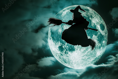 Silhouette of a flying witch on a broomstick against the full moon and dark cloudy sky, capturing the spooky and magical atmosphere of Halloween night photo