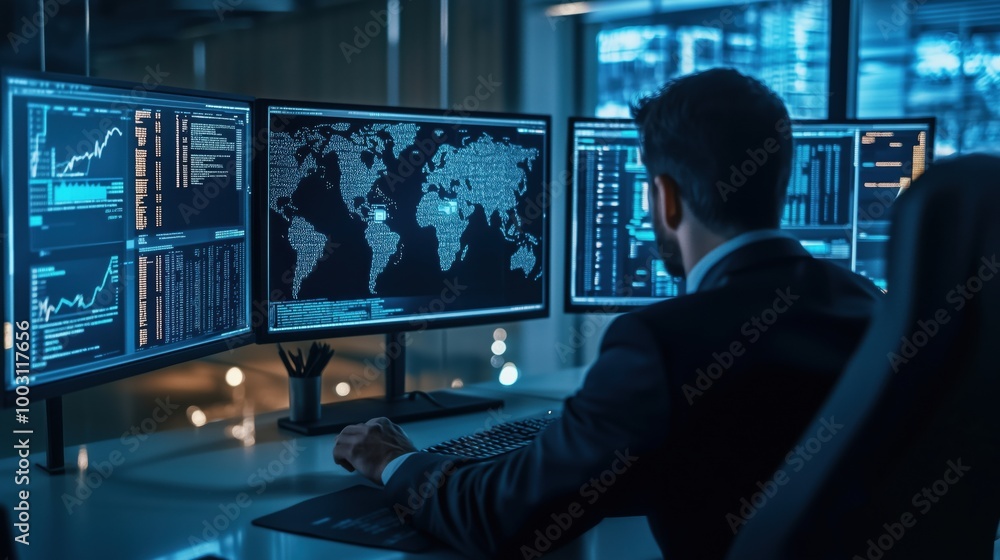 Data analysis in modern office with multiple screens Data analysis in modern office with multiple screens