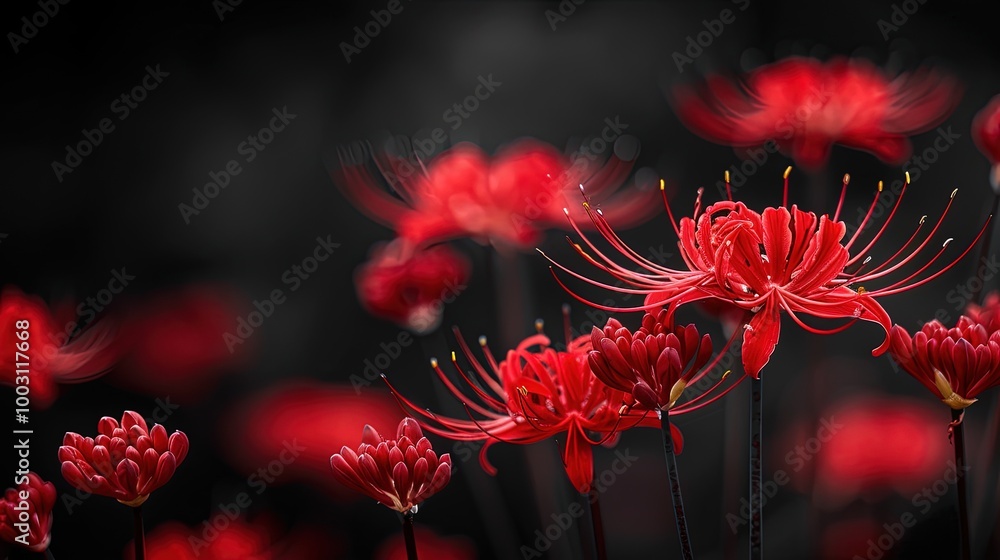 Lycoris radiata (Red Spider Lily) flowers on dark color background, dramatic romantic sad concept, mysterious beauty.