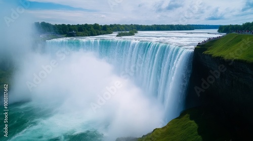 Aerial view of Niagara Falls with mist rising over the cascading waterfalls and tourists observing from above 