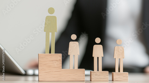 Wooden blocks shaped like human figures arranged in ascending order, symbolizing personal and professional growth, career progression, and business success in a modern office photo