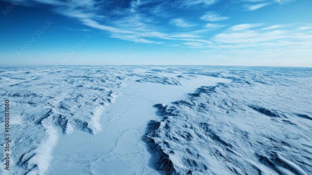 Aerial view of the frozen tundra stretching across northern Asia from space, thick ice and snow visible over the landscape Aerial view of the frozen tundra stretching across northern Asia from space, thick ice and snow visible over the landscape