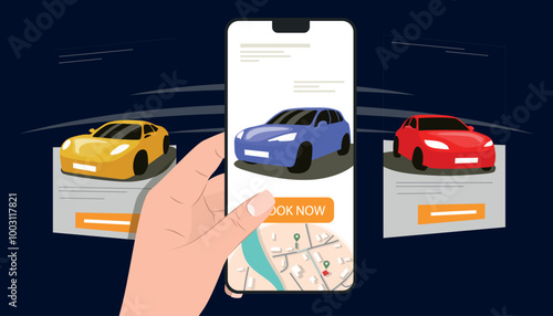 Vector illustration of car sharing. Cartoon scene of colored passenger cars, hand holding smartphone, book now button, city map isolated on white background. Rent a car for a while for city trips.