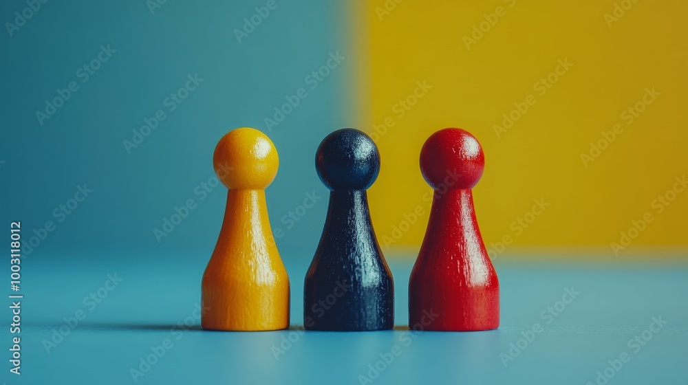 Three wooden chess pieces are arranged on a blue and yellow background Three wooden chess pieces are arranged on a blue and yellow background