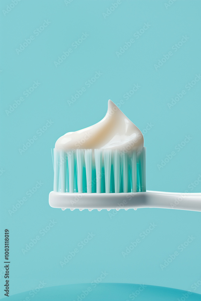 White toothbrush with minty toothpaste on bristles, close-up on a light blue background, symbolizing dental care, oral hygiene, and a fresh clean start White toothbrush with minty toothpaste on bristles, close-up on a light blue background, symbolizing dental care, oral hygiene, and a fresh clean start