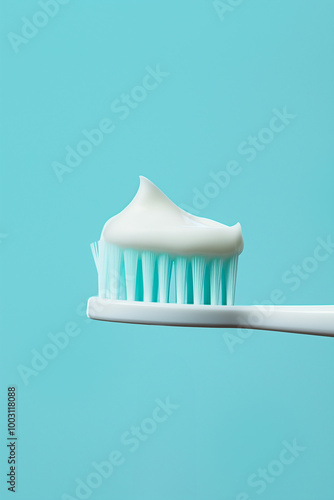 White toothbrush with minty toothpaste on bristles, close-up on a light blue background, symbolizing dental care, oral hygiene, and a fresh clean start photo