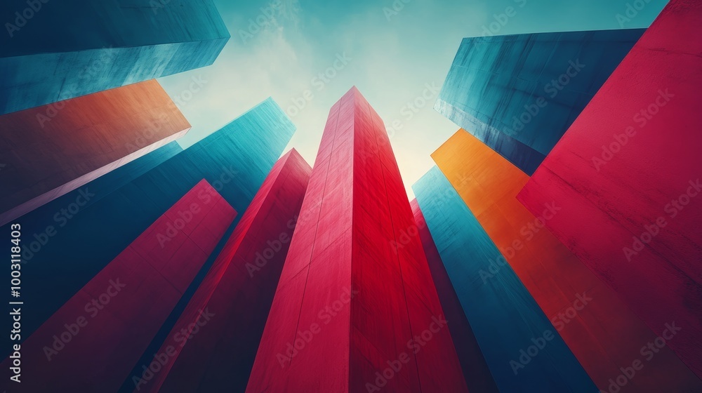 Fototapeta premium A colorful cityscape with tall buildings in red, blue, and yellow