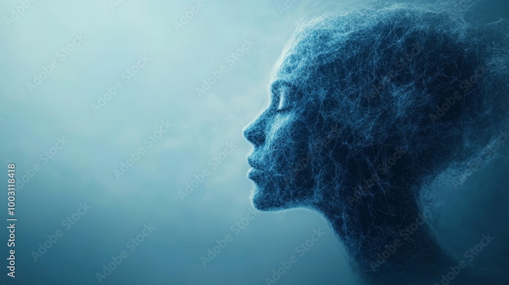 A woman's face is shown in a blue background with a lot of dots A woman's face is shown in a blue background with a lot of dots