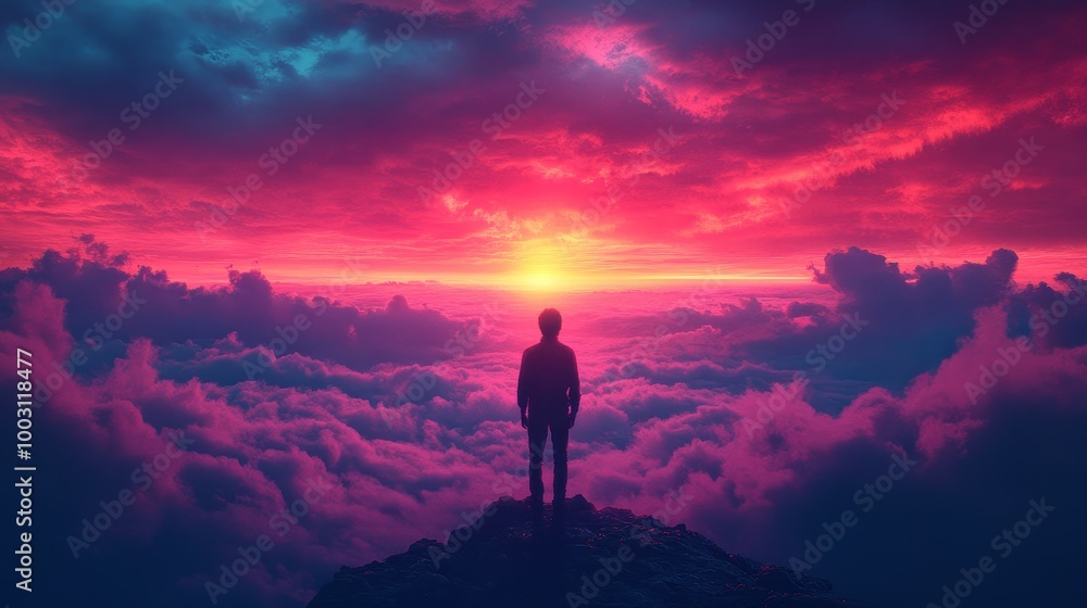 Obraz premium A man stands on a mountain top, looking out at the sunset