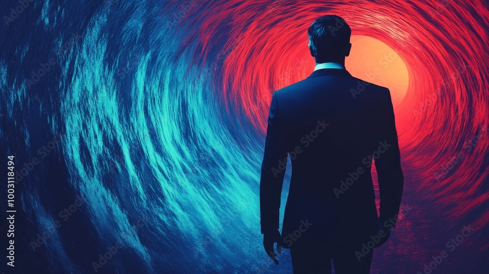 A man is walking through a tunnel with a red and blue swirl A man is walking through a tunnel with a red and blue swirl