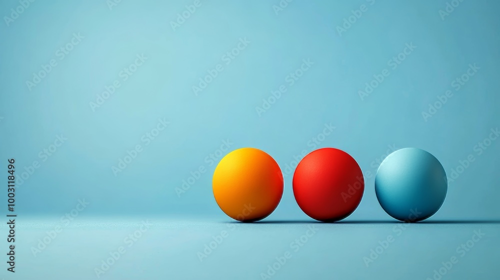 Three balls of different colors are placed on a blue background Three balls of different colors are placed on a blue background