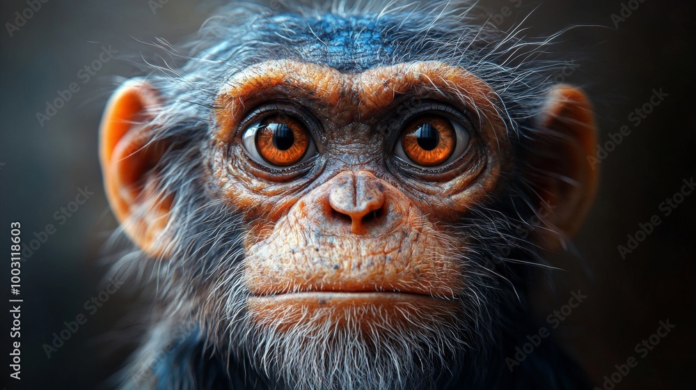 A baby monkey with a big orange eye staring at the camera A baby monkey with a big orange eye staring at the camera