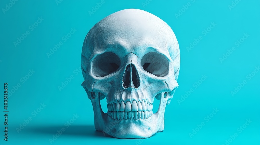 A white skull is sitting on a blue background A white skull is sitting on a blue background
