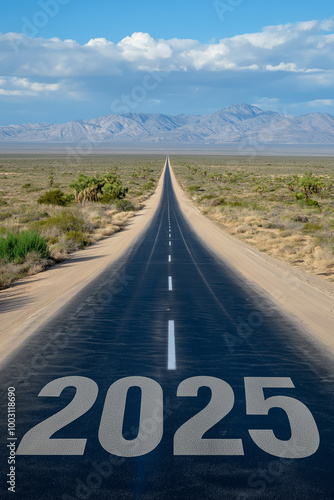 Long desert highway with 2025 painted on the road leading to distant mountains, symbolizing the journey toward future goals and aspirations in the coming year photo