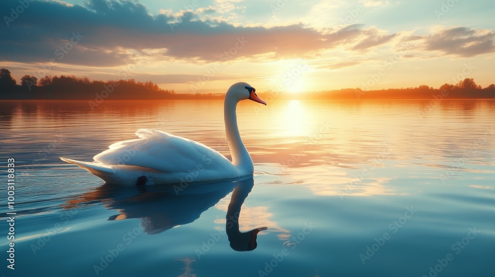 Fototapeta premium A swan is swimming in a lake at sunset