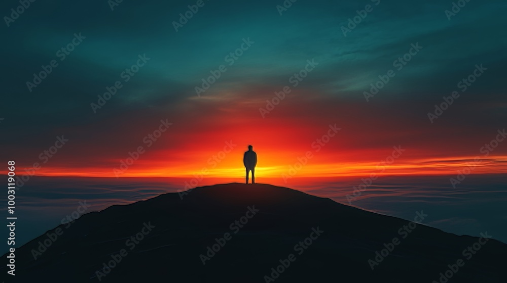 Fototapeta premium A man stands on a mountain top at sunset