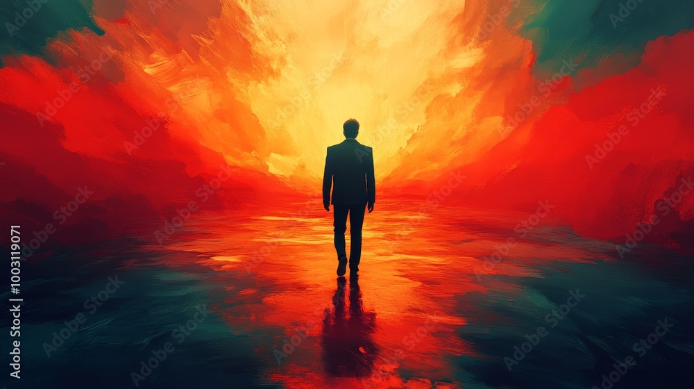 Fototapeta premium A man is walking on a beach at sunset